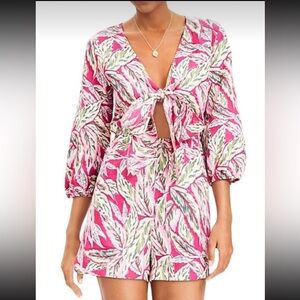 LOFT Pink and Red Leaf Print Romper